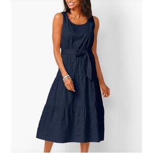 NWT Talbots Tonal Stripe Tiered Midi Navy Blue Cotton Sleeveless Dress Size 14